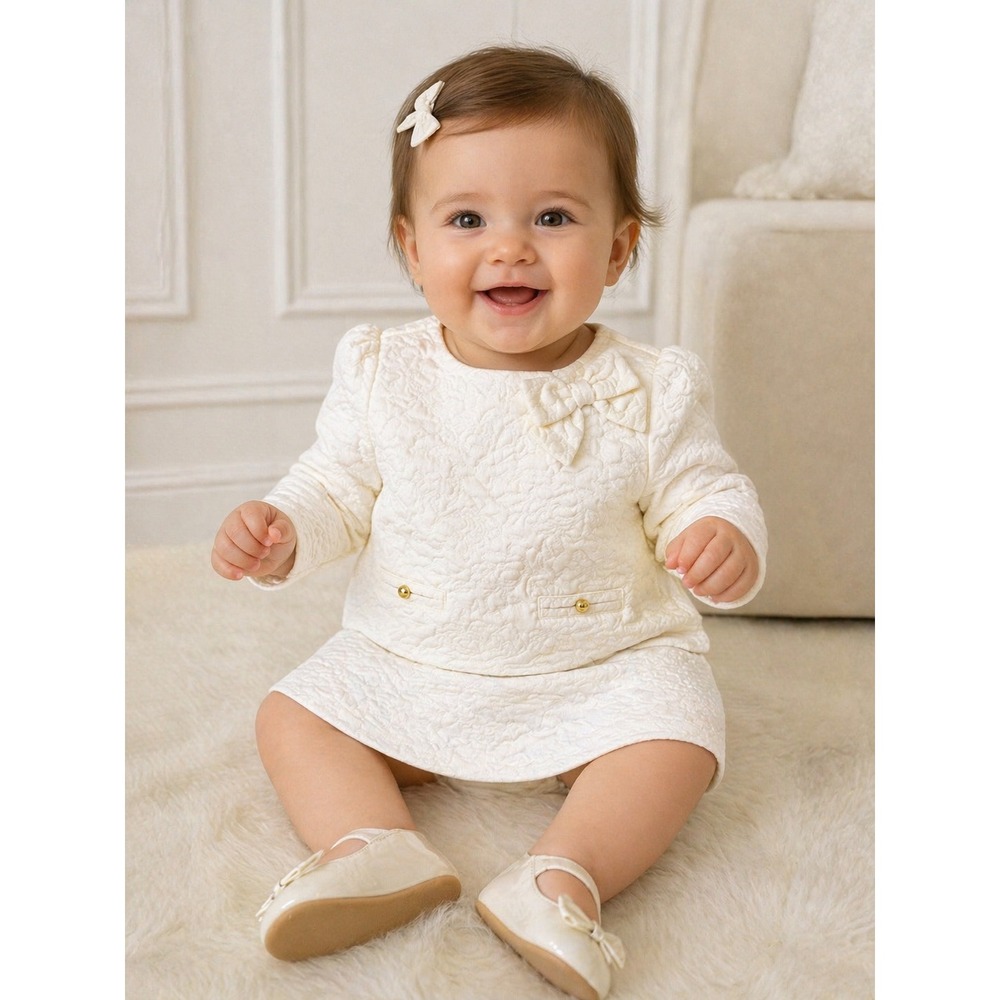 Janie and Jack Baby Girls Ivory Floral Matelasse Dress 6-12 Months Old Money